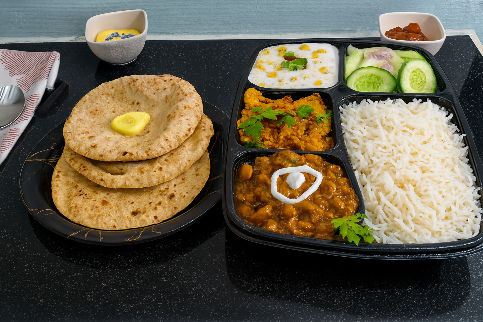 North Indian thali with roti, rice, curries, raita and salad